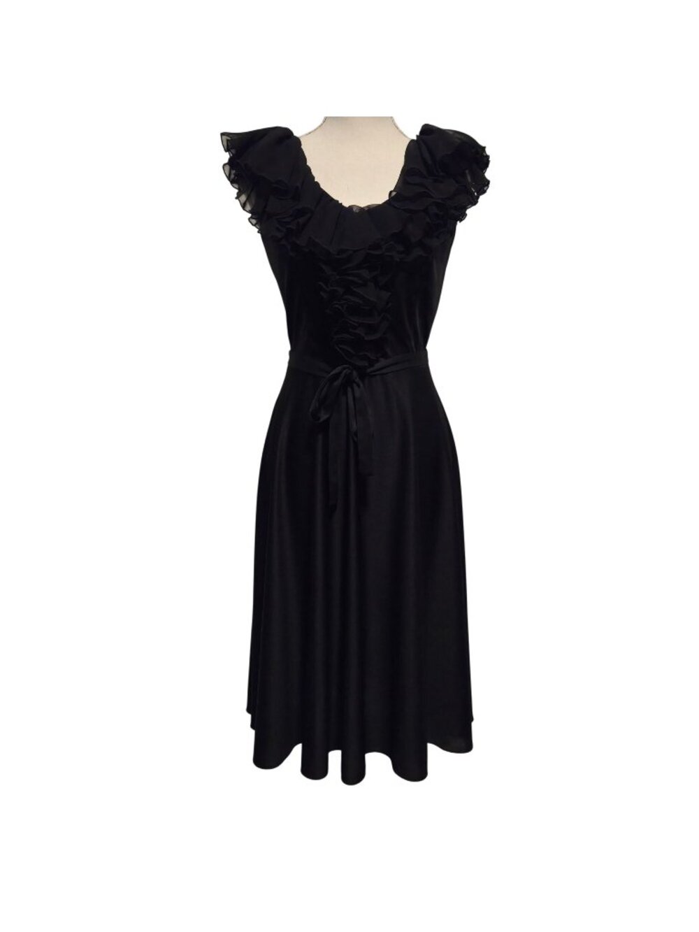 VTG 70s Dress Rehearsal Black Ruffle Cocktail Dress 9/10 Belted Flutter READ